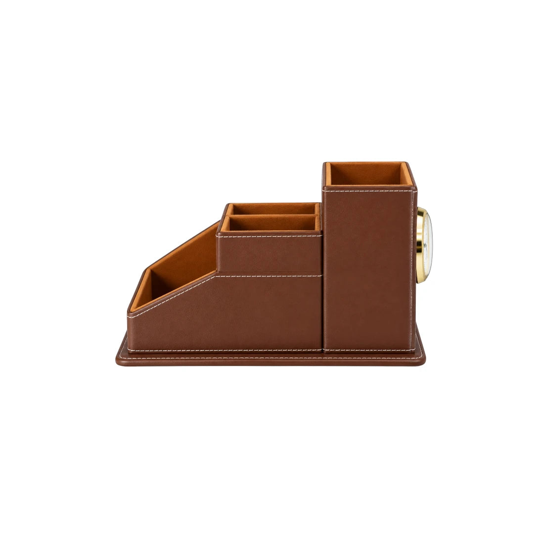 Simonez Brown Desktop Organizer with Storage Compartments and Clock