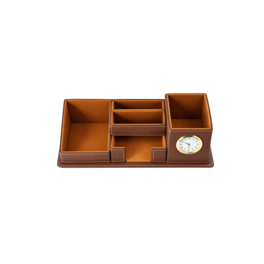 Simonez Brown Desktop Organizer with Storage Compartments and Clock