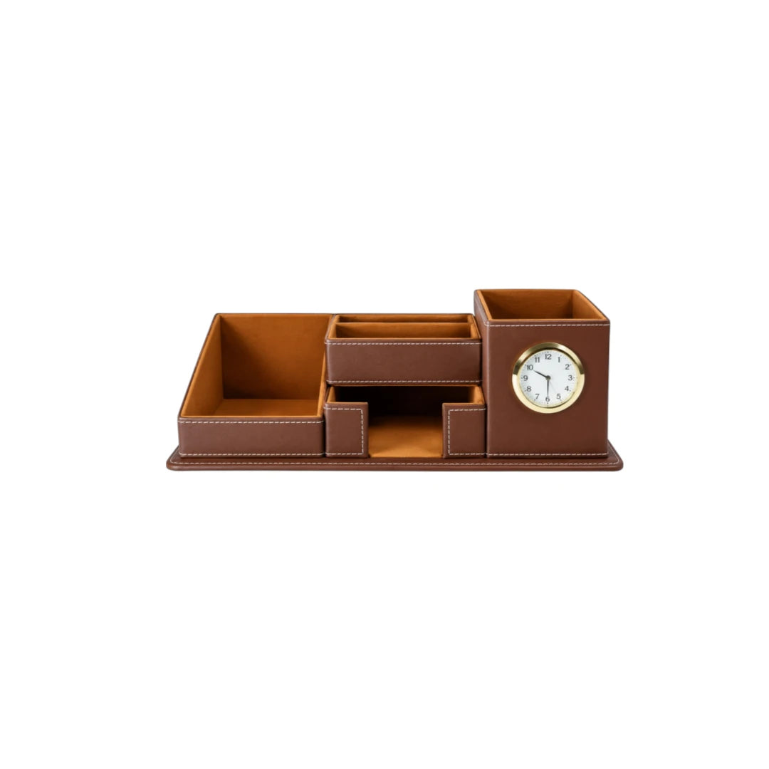 Simonez Brown Desktop Organizer with Storage Compartments and Clock