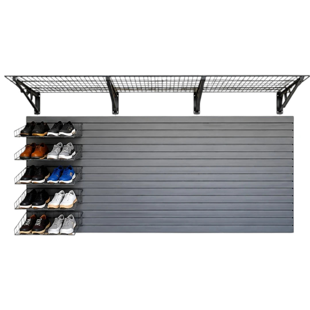 Simonez Wall Organization Gray Slatwall Garage Storage System with Wire Shelf