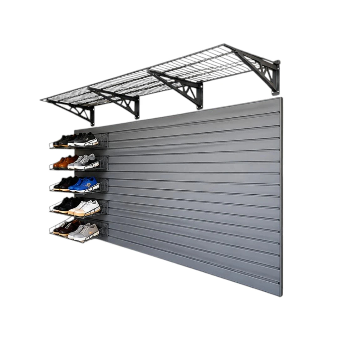 Simonez Wall Organization Gray Slatwall Garage Storage System with Wire Shelf