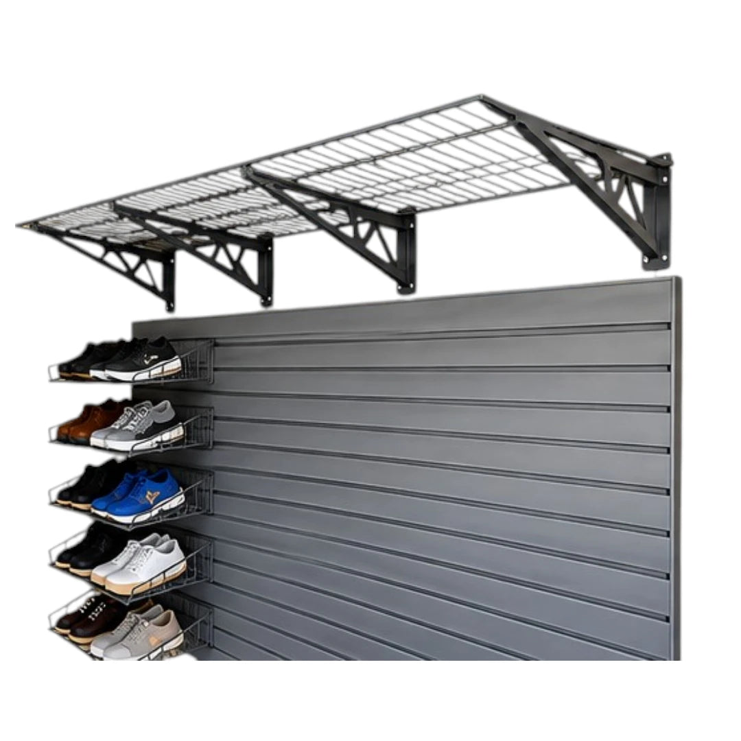 Simonez Wall Organization Gray Slatwall Garage Storage System with Wire Shelf